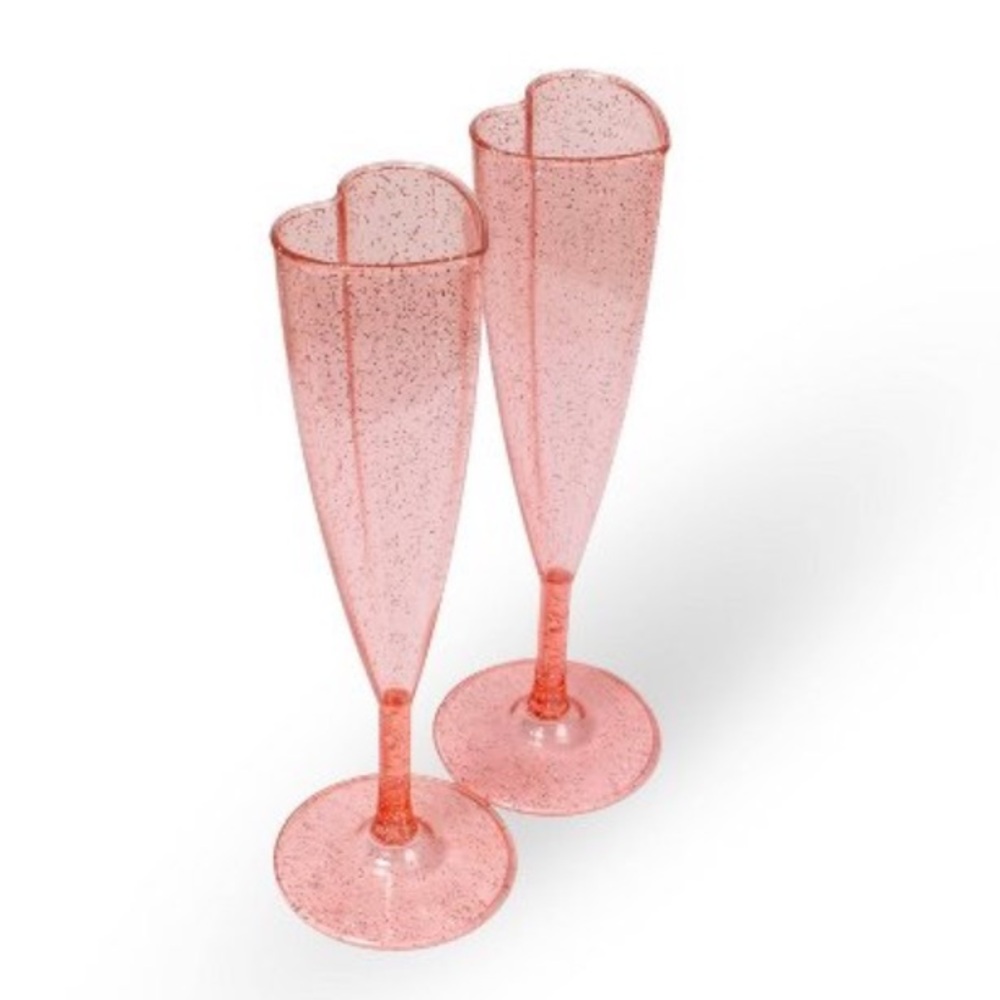 Valentine Heart Plastic Chamagne Flutes Glitter Pink Disposable